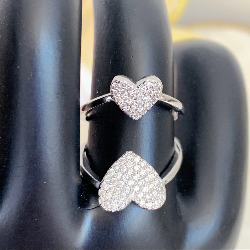 Rhodium Plated CZ Silver Tone Double Heart Ring 6